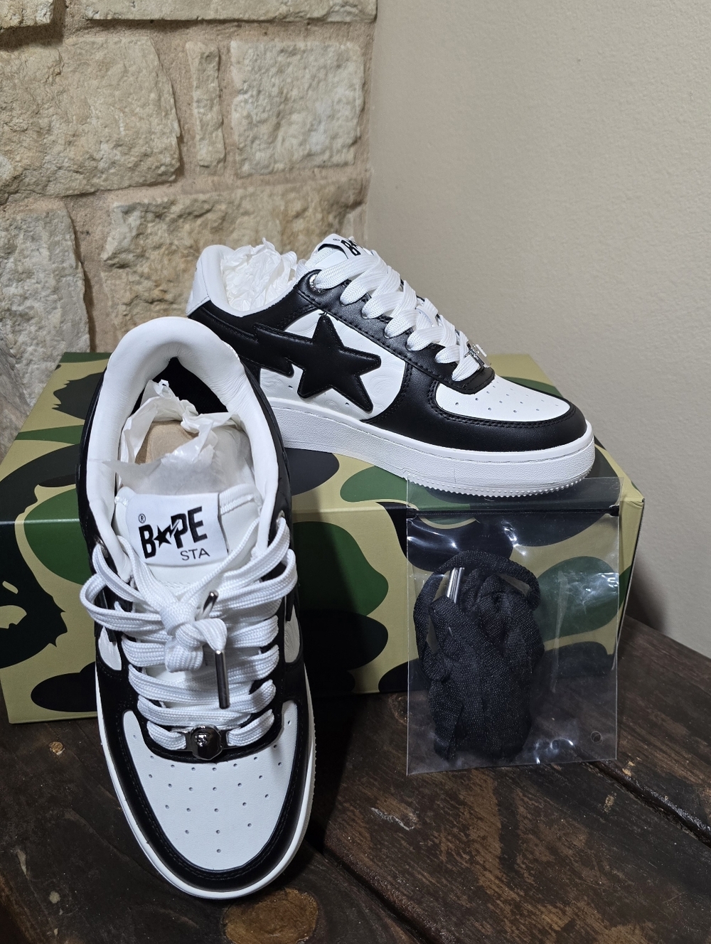 Bape Black & White STA Low-Top Sneakers Size 5